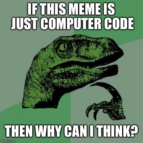 Philosoraptor | IF THIS MEME IS JUST COMPUTER CODE; THEN WHY CAN I THINK? | image tagged in memes,philosoraptor | made w/ Imgflip meme maker