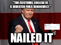 trump fisting | "THE ELECTORAL COLLEGE IS A DISASTER FOR A DEMOCRACY."; NAILED IT | image tagged in trump fisting | made w/ Imgflip meme maker