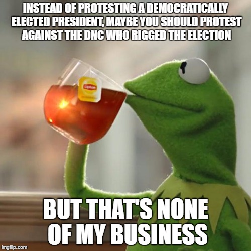 But That's None Of My Business Meme | INSTEAD OF PROTESTING A DEMOCRATICALLY ELECTED PRESIDENT, MAYBE YOU SHOULD PROTEST AGAINST THE DNC WHO RIGGED THE ELECTION; BUT THAT'S NONE OF MY BUSINESS | image tagged in memes,but thats none of my business,kermit the frog | made w/ Imgflip meme maker