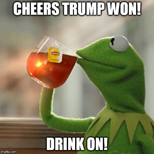 But That's None Of My Business Meme | CHEERS TRUMP WON! DRINK ON! | image tagged in memes,but thats none of my business,kermit the frog | made w/ Imgflip meme maker