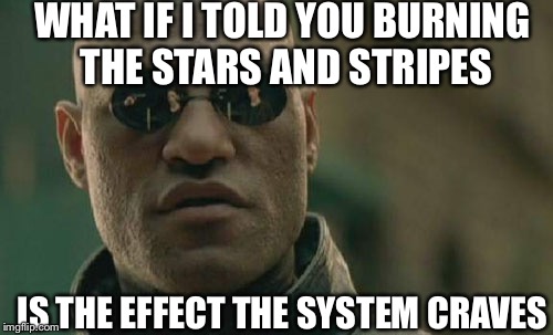 Matrix Morpheus Meme | WHAT IF I TOLD YOU BURNING THE STARS AND STRIPES; IS THE EFFECT THE SYSTEM CRAVES | image tagged in memes,matrix morpheus | made w/ Imgflip meme maker