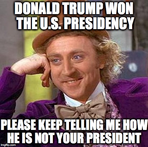 Creepy Condescending Wonka | DONALD TRUMP WON THE U.S. PRESIDENCY; PLEASE KEEP TELLING ME HOW HE IS NOT YOUR PRESIDENT | image tagged in memes,creepy condescending wonka | made w/ Imgflip meme maker