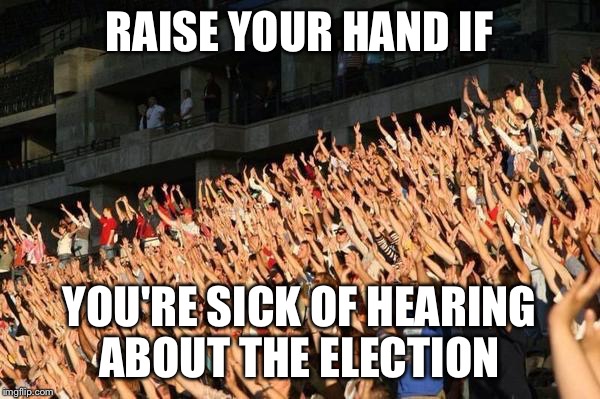 Raise your hand if  |  RAISE YOUR HAND IF; YOU'RE SICK OF HEARING ABOUT THE ELECTION | image tagged in raise your hand if | made w/ Imgflip meme maker