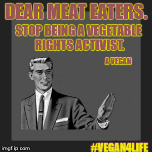 No, plant don't feel pain like a animal. | DEAR MEAT EATERS. STOP BEING A VEGETABLE RIGHTS ACTIVIST. A VEGAN; #VEGAN4LIFE | image tagged in memes,kill yourself guy,vegan,vegetables,vegan4life,funny memes | made w/ Imgflip meme maker