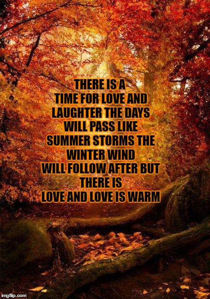 fall | THERE IS A TIME FOR LOVE AND LAUGHTER
THE DAYS WILL PASS LIKE SUMMER STORMS
THE WINTER WIND WILL FOLLOW AFTER
BUT THERE IS LOVE AND LOVE IS WARM | image tagged in fall | made w/ Imgflip meme maker