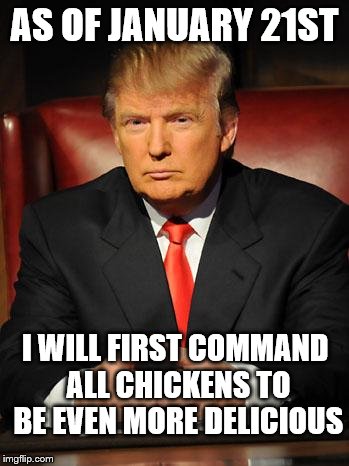 Serious Trump | AS OF JANUARY 21ST; I WILL FIRST COMMAND ALL CHICKENS TO BE EVEN MORE DELICIOUS | image tagged in serious trump | made w/ Imgflip meme maker