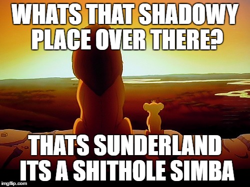 Lion King Meme | WHATS THAT SHADOWY PLACE OVER THERE? THATS SUNDERLAND ITS A SHITHOLE SIMBA | image tagged in memes,lion king | made w/ Imgflip meme maker