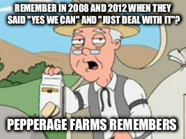 Pepperage farms remembers | REMEMBER IN 2008 AND 2012 WHEN THEY SAID "YES WE CAN" AND "JUST DEAL WITH IT"? PEPPERAGE FARMS REMEMBERS | image tagged in pepperage farms remembers | made w/ Imgflip meme maker