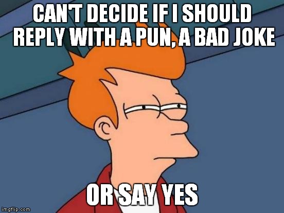 Futurama Fry Meme | CAN'T DECIDE IF I SHOULD REPLY WITH A PUN, A BAD JOKE OR SAY YES | image tagged in memes,futurama fry | made w/ Imgflip meme maker