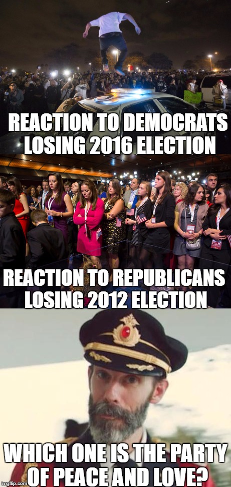 Some questions need to be asked by supporters | REACTION TO DEMOCRATS LOSING 2016 ELECTION; REACTION TO REPUBLICANS LOSING 2012 ELECTION; WHICH ONE IS THE PARTY OF PEACE AND LOVE? | image tagged in election 2016,republican,democrat,funny,memes,political meme | made w/ Imgflip meme maker