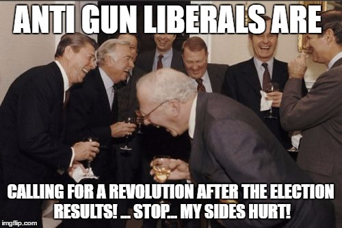 Laughing Men In Suits Meme | ANTI GUN LIBERALS ARE CALLING FOR A REVOLUTION AFTER THE ELECTION RESULTS! ... STOP... MY SIDES HURT! | image tagged in memes,laughing men in suits | made w/ Imgflip meme maker