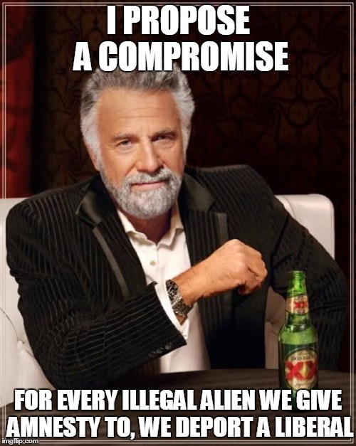 The Most Interesting Man In The World | I PROPOSE A COMPROMISE; FOR EVERY ILLEGAL ALIEN WE GIVE AMNESTY TO, WE DEPORT A LIBERAL | image tagged in memes,the most interesting man in the world,illegal immigration,immigration,liberals | made w/ Imgflip meme maker