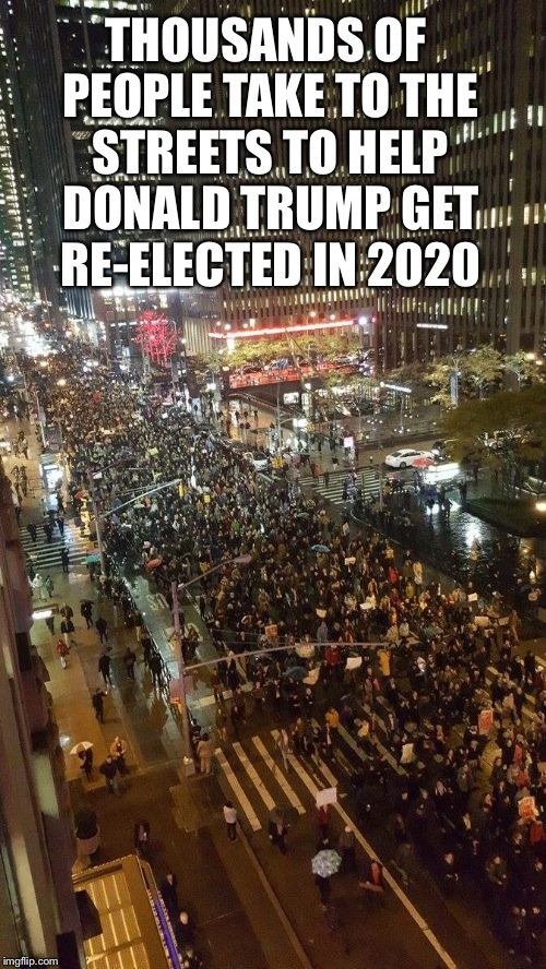 THOUSANDS OF PEOPLE TAKE TO THE STREETS TO HELP DONALD TRUMP GET RE-ELECTED IN 2020 | image tagged in donald trump,trump,retarded liberal protesters,protestors,protest,not my president | made w/ Imgflip meme maker