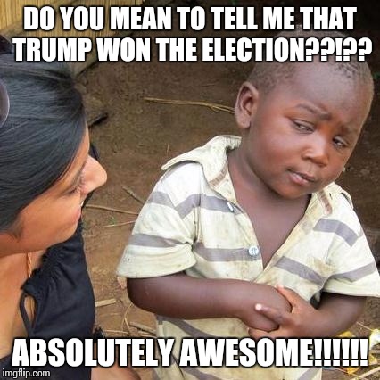 Third World Skeptical Kid Meme | DO YOU MEAN TO TELL ME THAT TRUMP WON THE ELECTION??!?? ABSOLUTELY AWESOME!!!!!! | image tagged in memes,third world skeptical kid | made w/ Imgflip meme maker