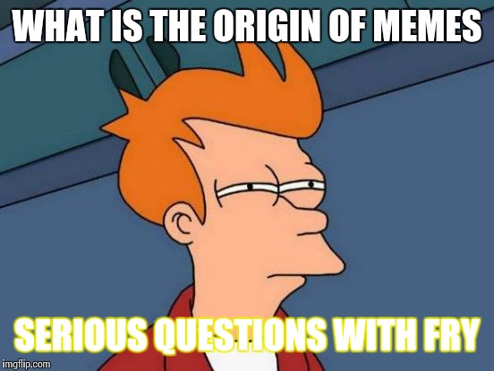 Futurama Fry | WHAT IS THE ORIGIN OF MEMES; SERIOUS QUESTIONS WITH FRY | image tagged in memes,futurama fry | made w/ Imgflip meme maker