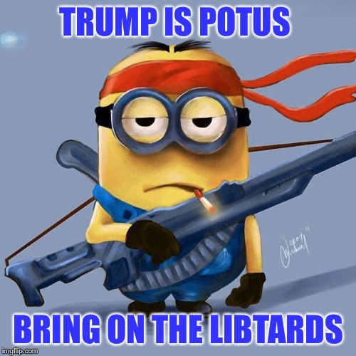 mr president we got you're back | TRUMP IS POTUS; BRING ON THE LIBTARDS | image tagged in badass minion,trump 2016,potus,election 2016 | made w/ Imgflip meme maker