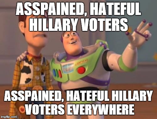 X, X Everywhere | ASSPAINED, HATEFUL HILLARY VOTERS; ASSPAINED, HATEFUL HILLARY VOTERS EVERYWHERE | image tagged in memes,x x everywhere | made w/ Imgflip meme maker