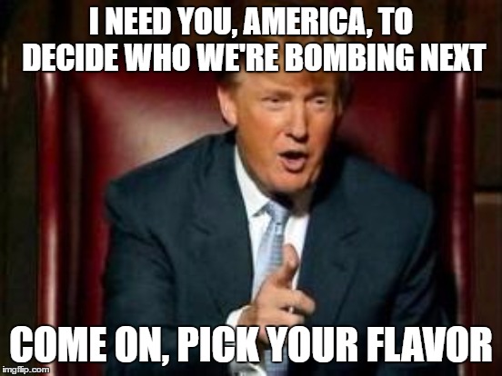 I NEED YOU, AMERICA, TO DECIDE WHO WE'RE BOMBING NEXT COME ON, PICK YOUR FLAVOR | made w/ Imgflip meme maker