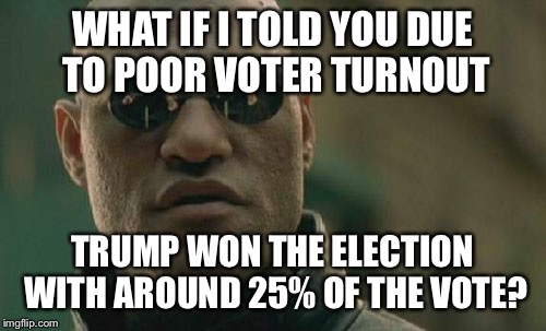 ~56% of the registered voters cast a ballot  | WHAT IF I TOLD YOU DUE TO POOR VOTER TURNOUT; TRUMP WON THE ELECTION WITH AROUND 25% OF THE VOTE? | image tagged in memes,matrix morpheus | made w/ Imgflip meme maker