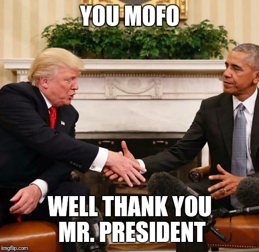 The Transition | YOU MOFO; WELL THANK YOU MR. PRESIDENT | image tagged in barack obama,donald trump | made w/ Imgflip meme maker