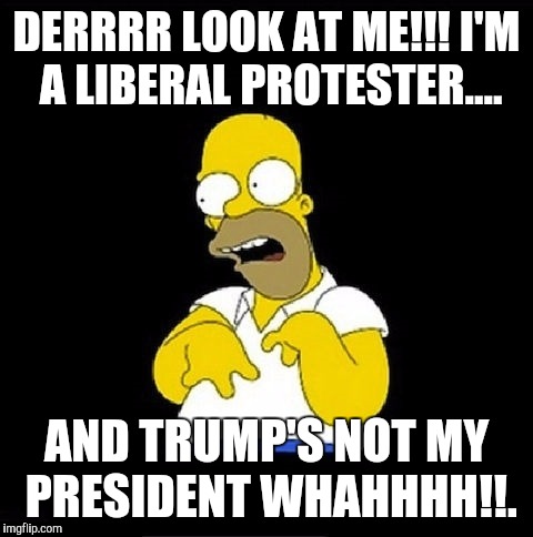 Homer Simpson Retarded | DERRRR LOOK AT ME!!! I'M A LIBERAL PROTESTER.... AND TRUMP'S NOT MY PRESIDENT WHAHHHH!!. | image tagged in homer simpson retarded | made w/ Imgflip meme maker