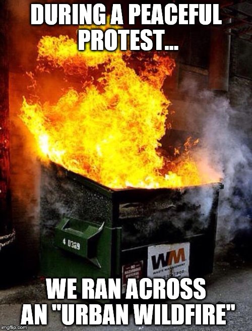 Media Spin | DURING A PEACEFUL PROTEST... WE RAN ACROSS AN "URBAN WILDFIRE" | image tagged in dumpster fire,trump,protest,riot | made w/ Imgflip meme maker