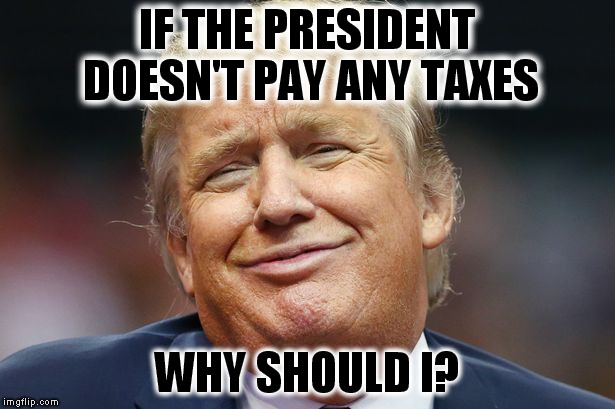 IF THE PRESIDENT DOESN'T PAY ANY TAXES; WHY SHOULD I? | image tagged in trump,smug,smarmy,cheat,liar | made w/ Imgflip meme maker