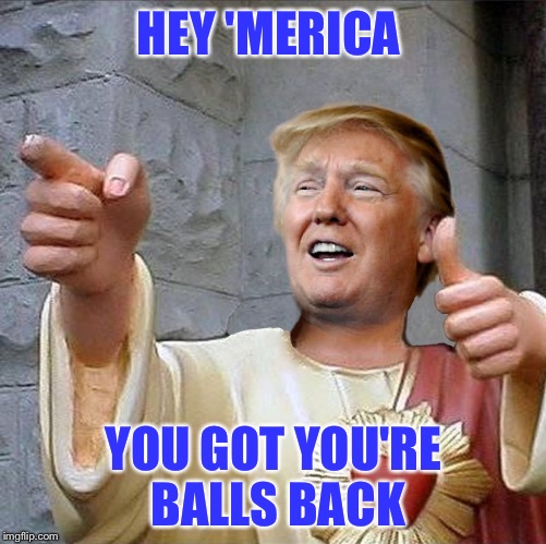 we got you mr president | HEY 'MERICA; YOU GOT YOU'RE BALLS BACK | image tagged in trump jesus,trump 2016,donald trump approves | made w/ Imgflip meme maker