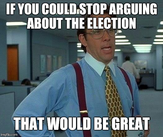 Seriously it's over people | IF YOU COULD STOP ARGUING ABOUT THE ELECTION; THAT WOULD BE GREAT | image tagged in memes,that would be great | made w/ Imgflip meme maker