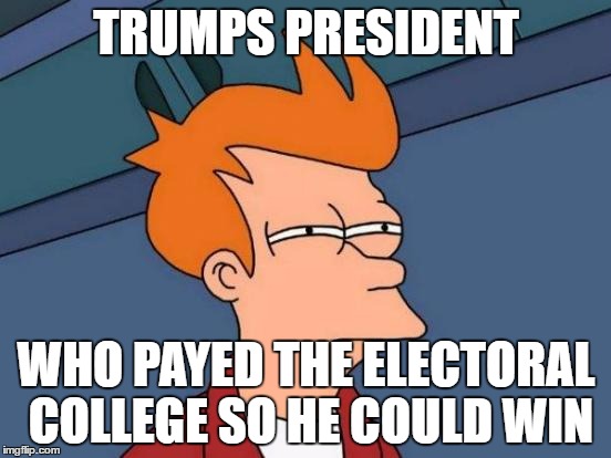 Futurama Fry | TRUMPS PRESIDENT; WHO PAYED THE ELECTORAL COLLEGE SO HE COULD WIN | image tagged in memes,futurama fry | made w/ Imgflip meme maker