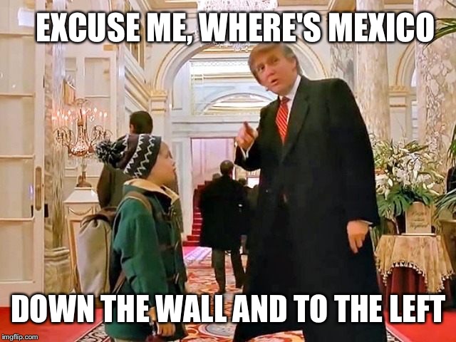 Home Alone 2 Donald Trump | EXCUSE ME, WHERE'S MEXICO; DOWN THE WALL AND TO THE LEFT | image tagged in donald trump | made w/ Imgflip meme maker