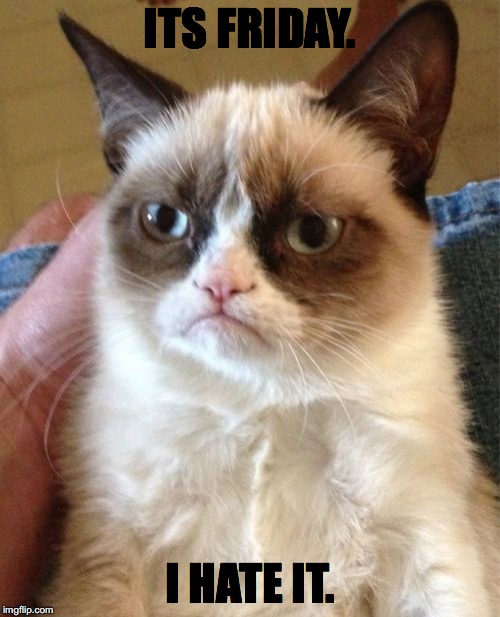 Grumpy Cat | ITS FRIDAY. I HATE IT. | image tagged in memes,grumpy cat | made w/ Imgflip meme maker