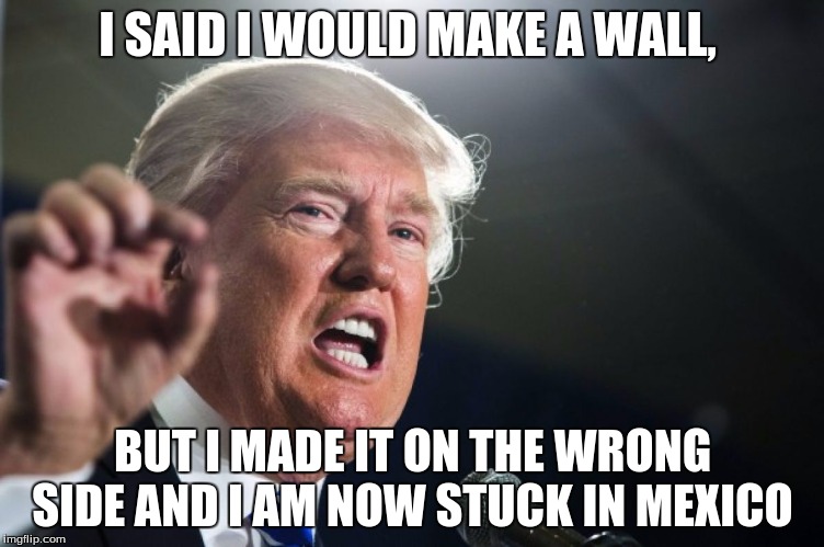 donald trump | I SAID I WOULD MAKE A WALL, BUT I MADE IT ON THE WRONG SIDE AND I AM NOW STUCK IN MEXICO | image tagged in donald trump | made w/ Imgflip meme maker