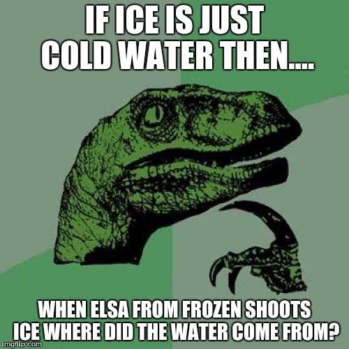 Philosoraptor Meme | IF ICE IS JUST COLD WATER THEN.... WHEN ELSA FROM FROZEN SHOOTS ICE WHERE DID THE WATER COME FROM? | image tagged in memes,philosoraptor | made w/ Imgflip meme maker