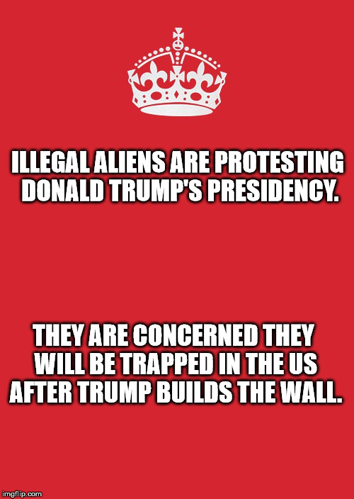 Keep Calm And Carry On Red | ILLEGAL ALIENS ARE PROTESTING DONALD TRUMP'S PRESIDENCY. THEY ARE CONCERNED THEY WILL BE TRAPPED IN THE US AFTER TRUMP BUILDS THE WALL. | image tagged in memes,keep calm and carry on red | made w/ Imgflip meme maker