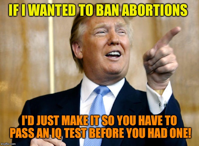 Donald Trump Pointing | IF I WANTED TO BAN ABORTIONS; I'D JUST MAKE IT SO YOU HAVE TO PASS AN IQ TEST BEFORE YOU HAD ONE! | image tagged in donald trump pointing | made w/ Imgflip meme maker