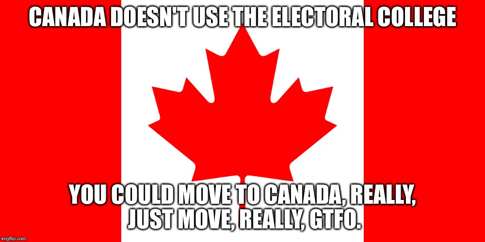 Move to canada | CANADA DOESN'T USE THE ELECTORAL COLLEGE; YOU COULD MOVE TO CANADA, REALLY, JUST MOVE, REALLY, GTFO. | image tagged in election 2016 | made w/ Imgflip meme maker