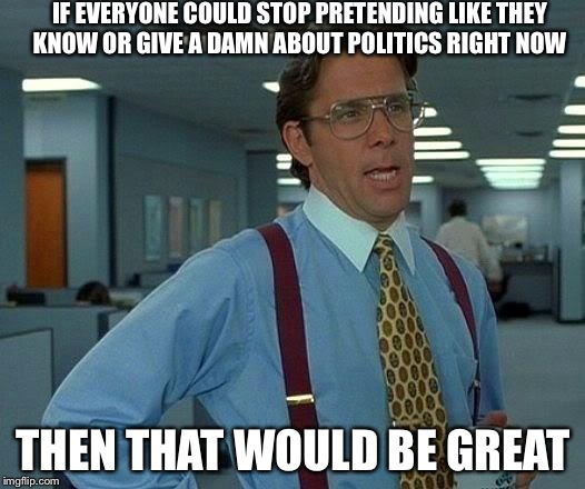 That Would Be Great | IF EVERYONE COULD STOP PRETENDING LIKE THEY KNOW OR GIVE A DAMN ABOUT POLITICS RIGHT NOW; THEN THAT WOULD BE GREAT | image tagged in memes,that would be great | made w/ Imgflip meme maker