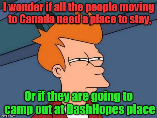 Futurama Fry Meme | I wonder if all the people moving to Canada need a place to stay, Or if they are going to camp out at DashHopes place | image tagged in memes,futurama fry | made w/ Imgflip meme maker