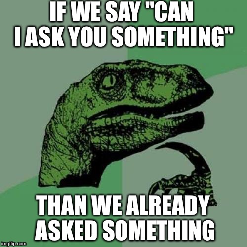Philosoraptor | IF WE SAY "CAN I ASK YOU SOMETHING"; THAN WE ALREADY ASKED SOMETHING | image tagged in memes,philosoraptor | made w/ Imgflip meme maker