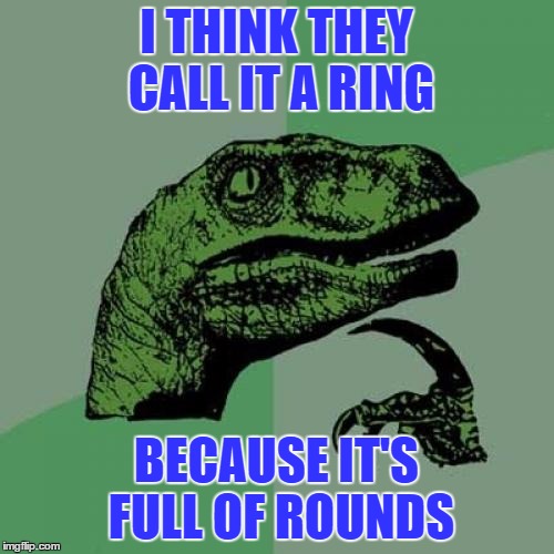 Philosoraptor Meme | I THINK THEY CALL IT A RING BECAUSE IT'S FULL OF ROUNDS | image tagged in memes,philosoraptor | made w/ Imgflip meme maker