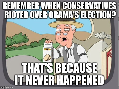 Family Guy Pepper Ridge | REMEMBER WHEN CONSERVATIVES RIOTED OVER OBAMA'S ELECTION? THAT'S BECAUSE IT NEVER HAPPENED | image tagged in family guy pepper ridge,riots,liberal vs conservative,idiots | made w/ Imgflip meme maker