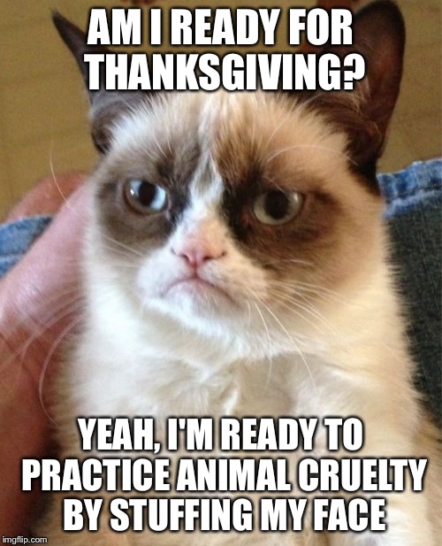 Grumpy Cat Meme | AM I READY FOR THANKSGIVING? YEAH, I'M READY TO PRACTICE ANIMAL CRUELTY BY STUFFING MY FACE | image tagged in memes,grumpy cat | made w/ Imgflip meme maker