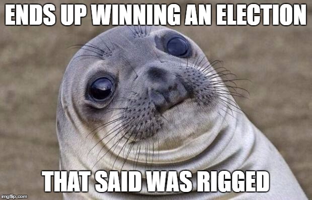Awkward Moment Trump Sealion | ENDS UP WINNING AN ELECTION; THAT SAID WAS RIGGED | image tagged in memes,awkward moment sealion,donald trump | made w/ Imgflip meme maker