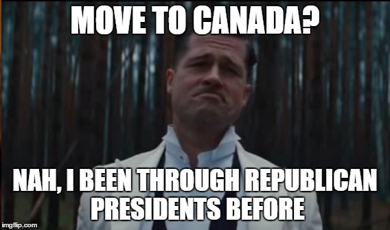 MOVE TO CANADA? NAH, I BEEN THROUGH REPUBLICAN PRESIDENTS BEFORE | image tagged in raine | made w/ Imgflip meme maker