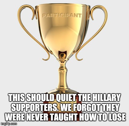 Hillary supporters  | THIS SHOULD QUIET THE HILLARY SUPPORTERS. WE FORGOT THEY WERE NEVER TAUGHT HOW TO LOSE | image tagged in hillary,millennials | made w/ Imgflip meme maker