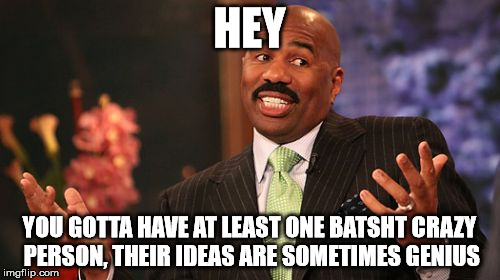 HEY YOU GOTTA HAVE AT LEAST ONE BATSHT CRAZY PERSON, THEIR IDEAS ARE SOMETIMES GENIUS | image tagged in memes,steve harvey | made w/ Imgflip meme maker