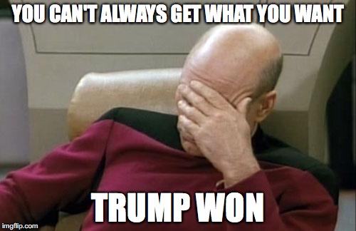 Captain Picard Facepalm Meme | YOU CAN'T ALWAYS GET WHAT YOU WANT; TRUMP WON | image tagged in memes,captain picard facepalm | made w/ Imgflip meme maker