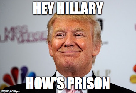 Donald trump approves | HEY HILLARY; HOW'S PRISON | image tagged in donald trump approves | made w/ Imgflip meme maker