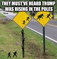 Immigrants Crossing | THEY MUST'VE HEARD TRUMP WAS RISING IN THE POLES | image tagged in immigrants crossing | made w/ Imgflip meme maker